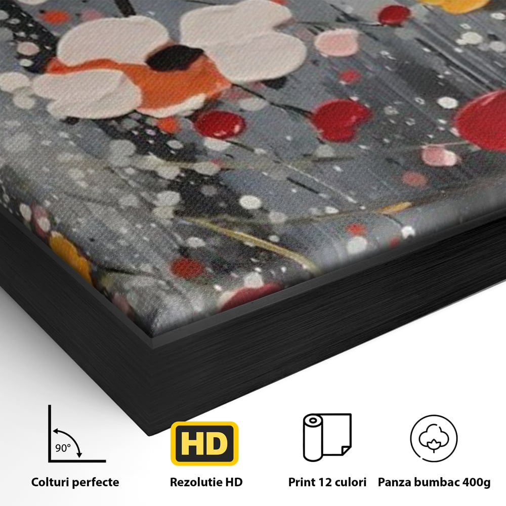Detaliu al suprafetei: pictura abstracta cu flori si stropi, in rama de aluminiu negru